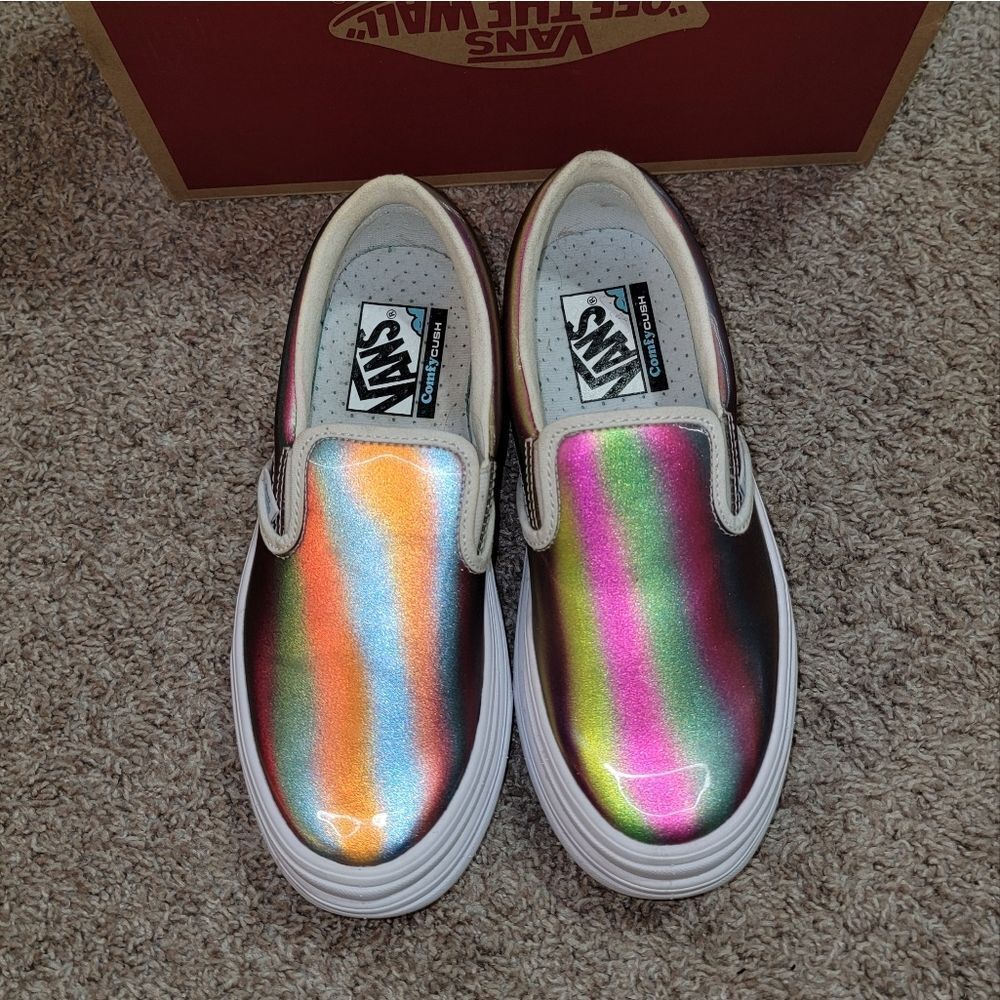 Vans Slip-On Platform Sneakers in Iridescent Rainbow Metallic One of a kind